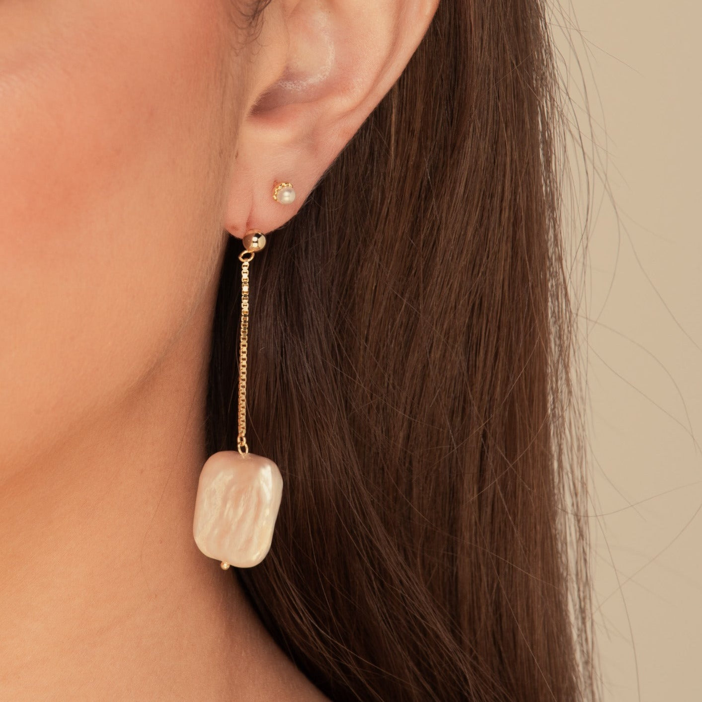 Baroque Pearl Drop Stud Earrings Gold