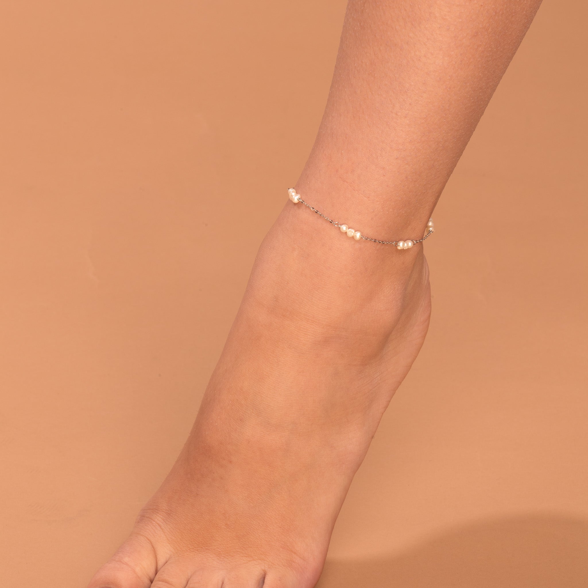 Triple Pearl Station Chain Anklet Silver