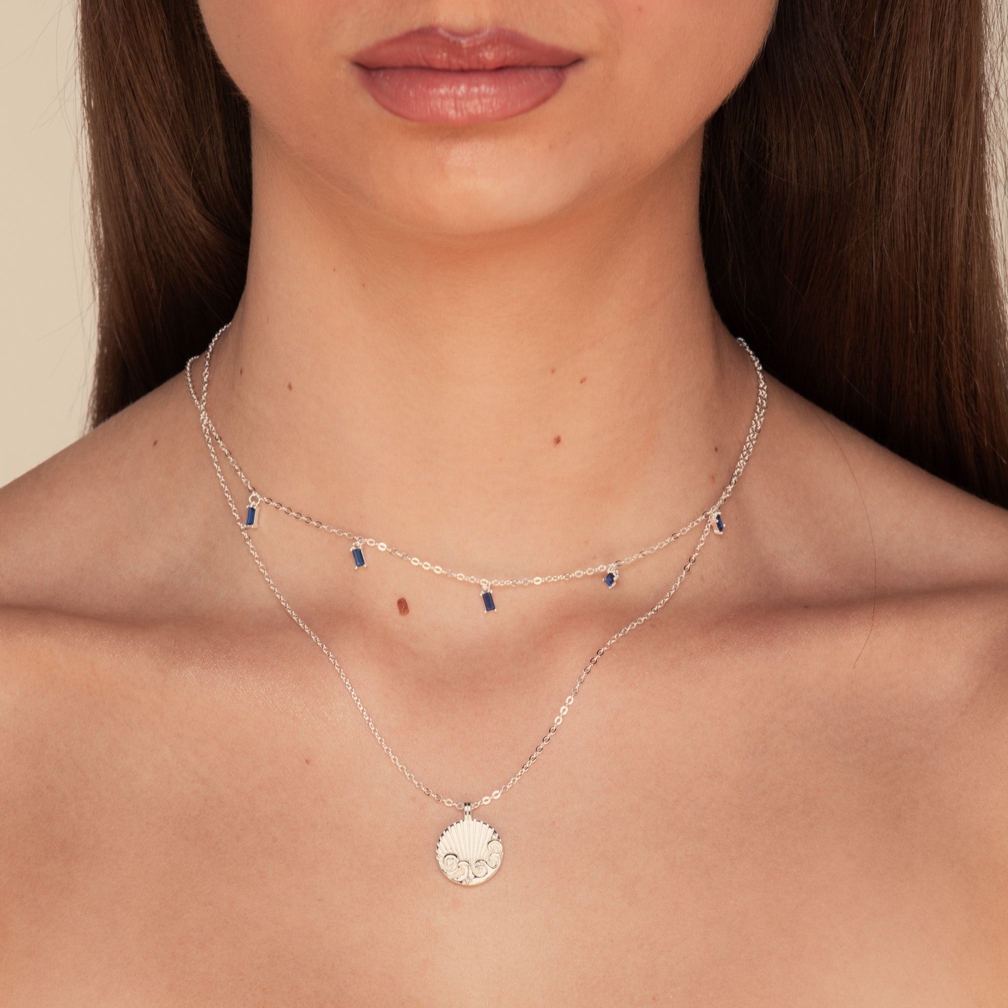 Blue Baguette Dangling Necklace Silver
