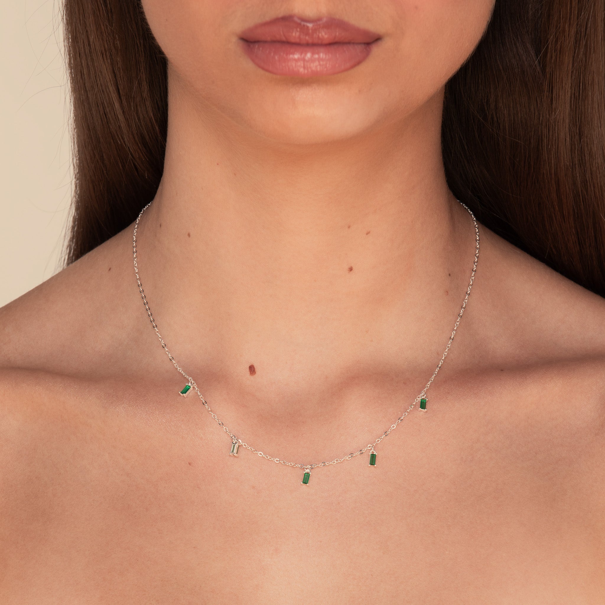 Emerald Green Baguette Dangling Necklace Silver
