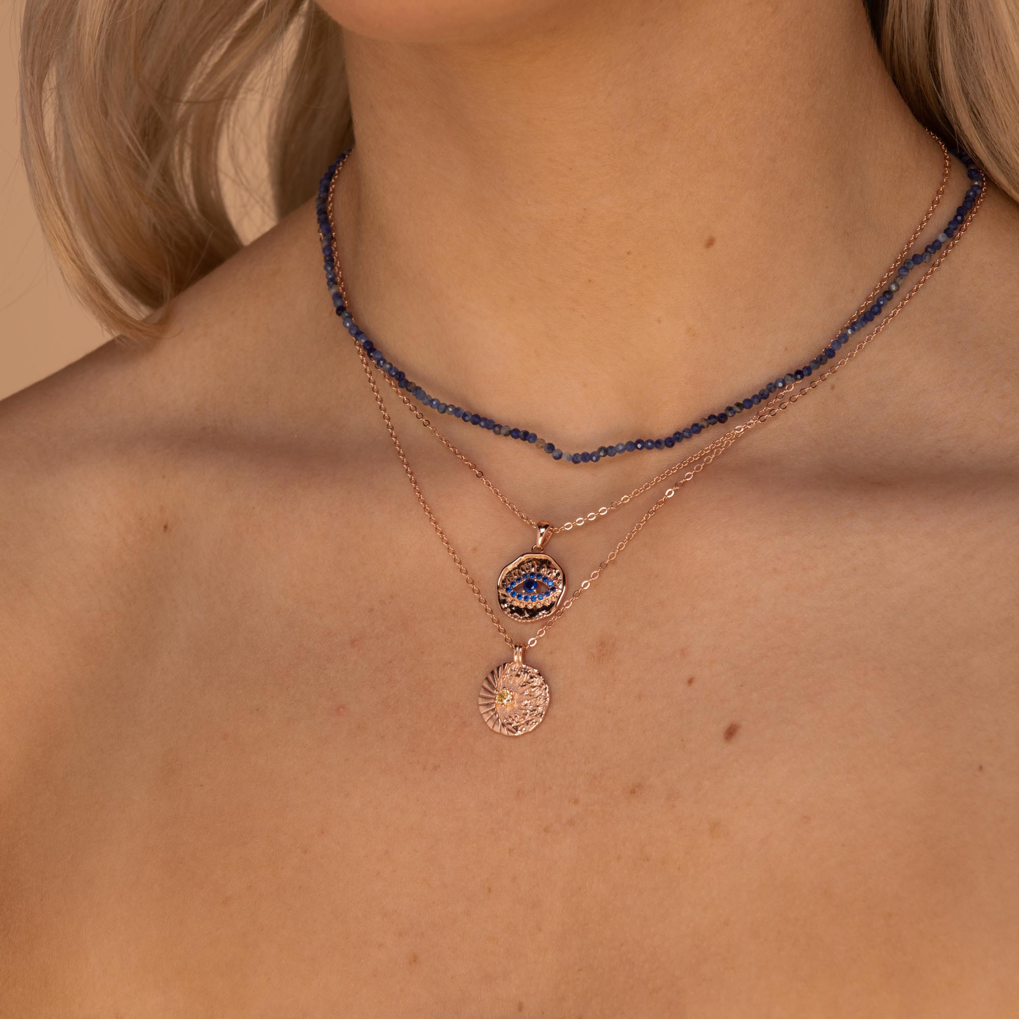 Evil Eye Cut Out Sapphire Necklace Rose Gold