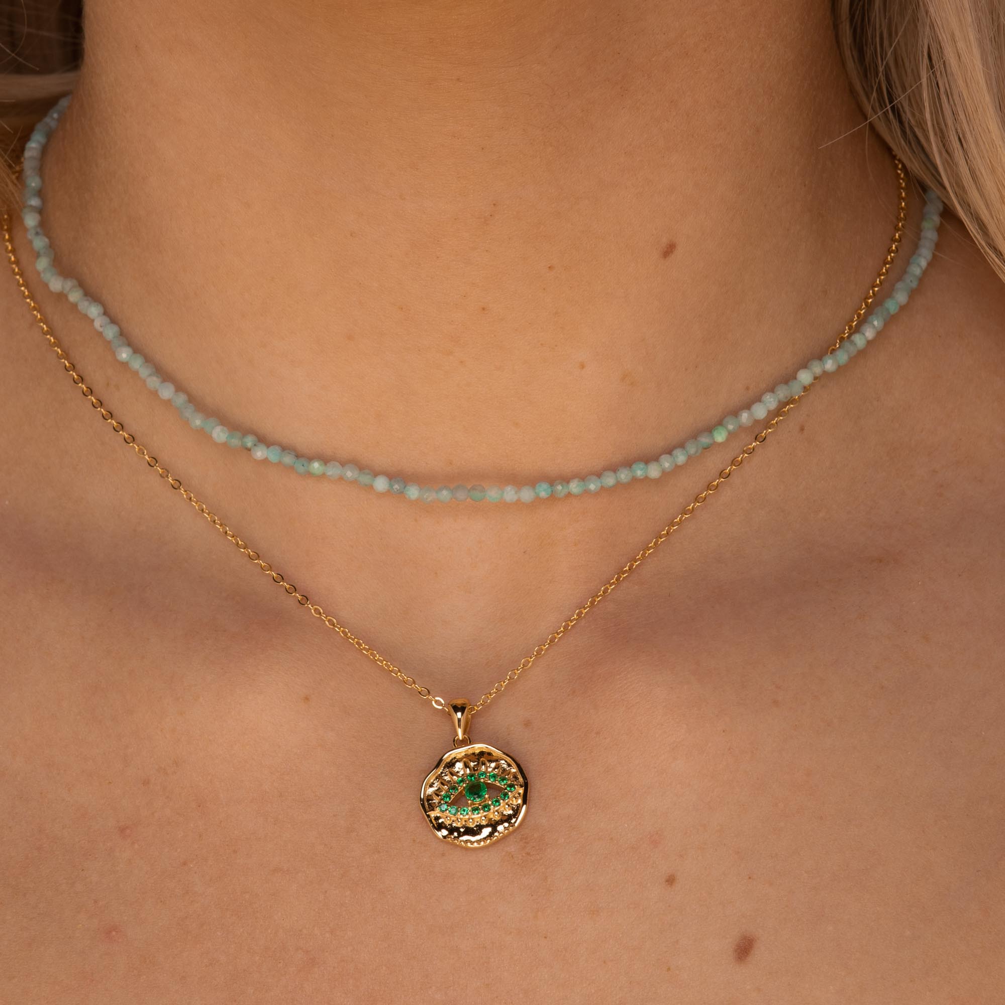 Evil Eye Cut Out Emerald Necklace Rose Gold