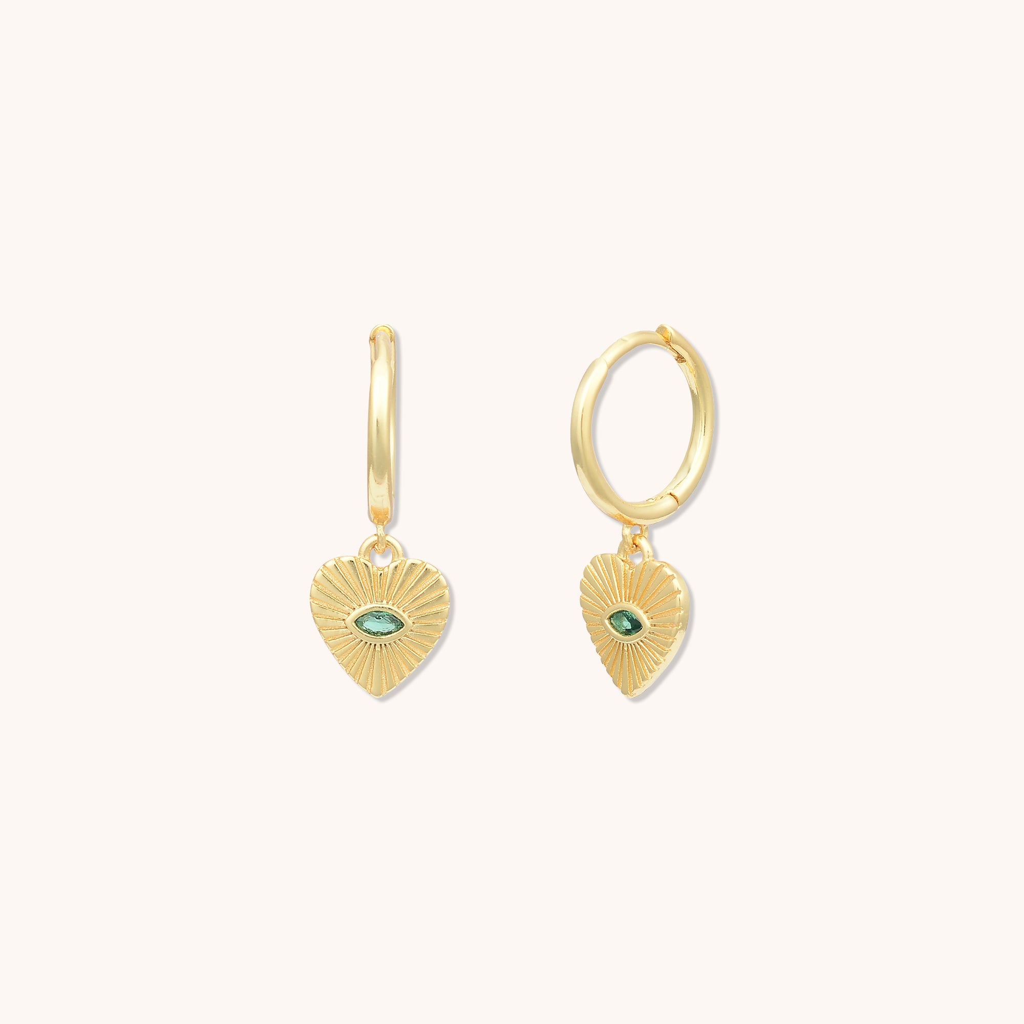 Evil Eye of Emerald Heart Huggie Earrings Gold