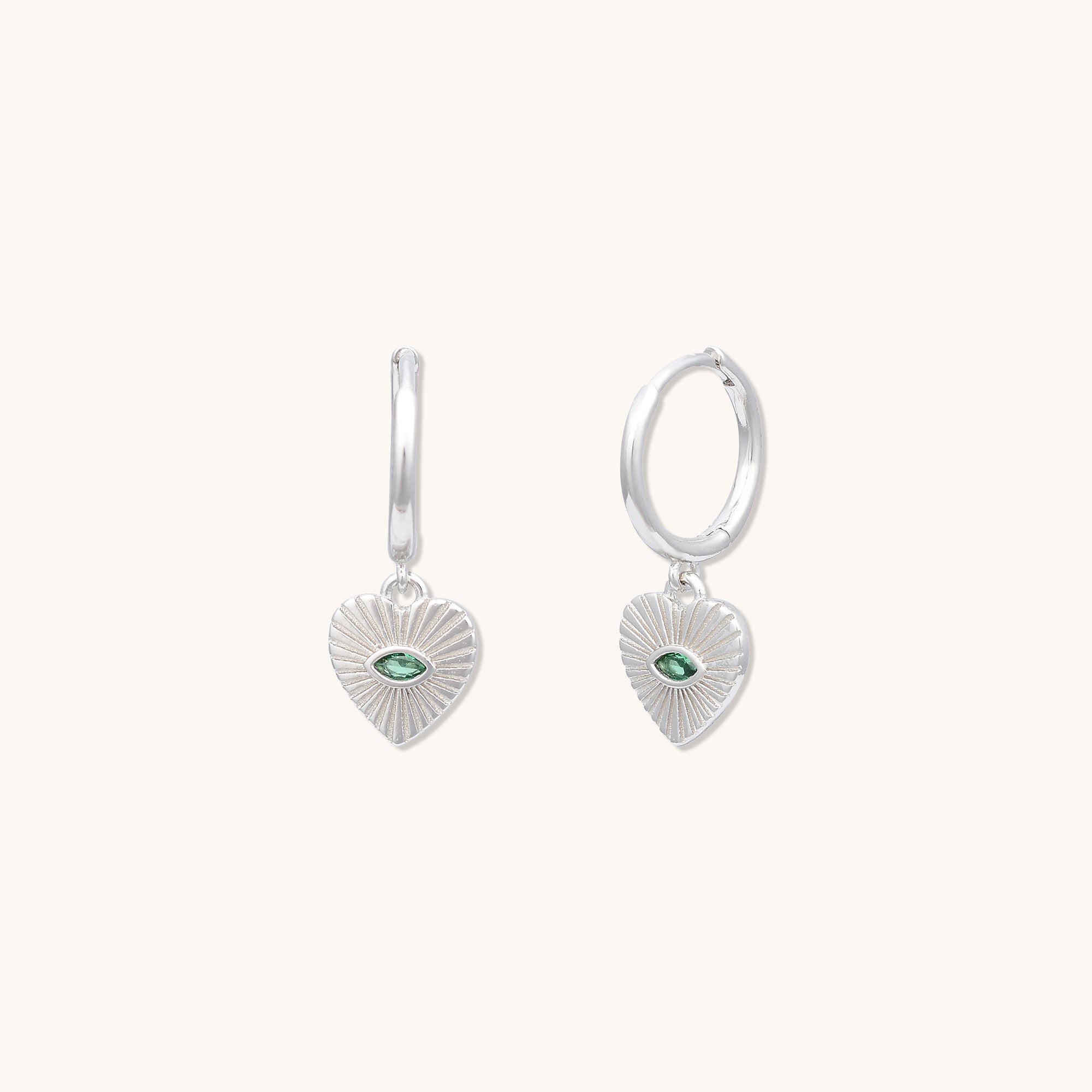 Evil Eye of Emerald Heart Huggie Earrings Silver