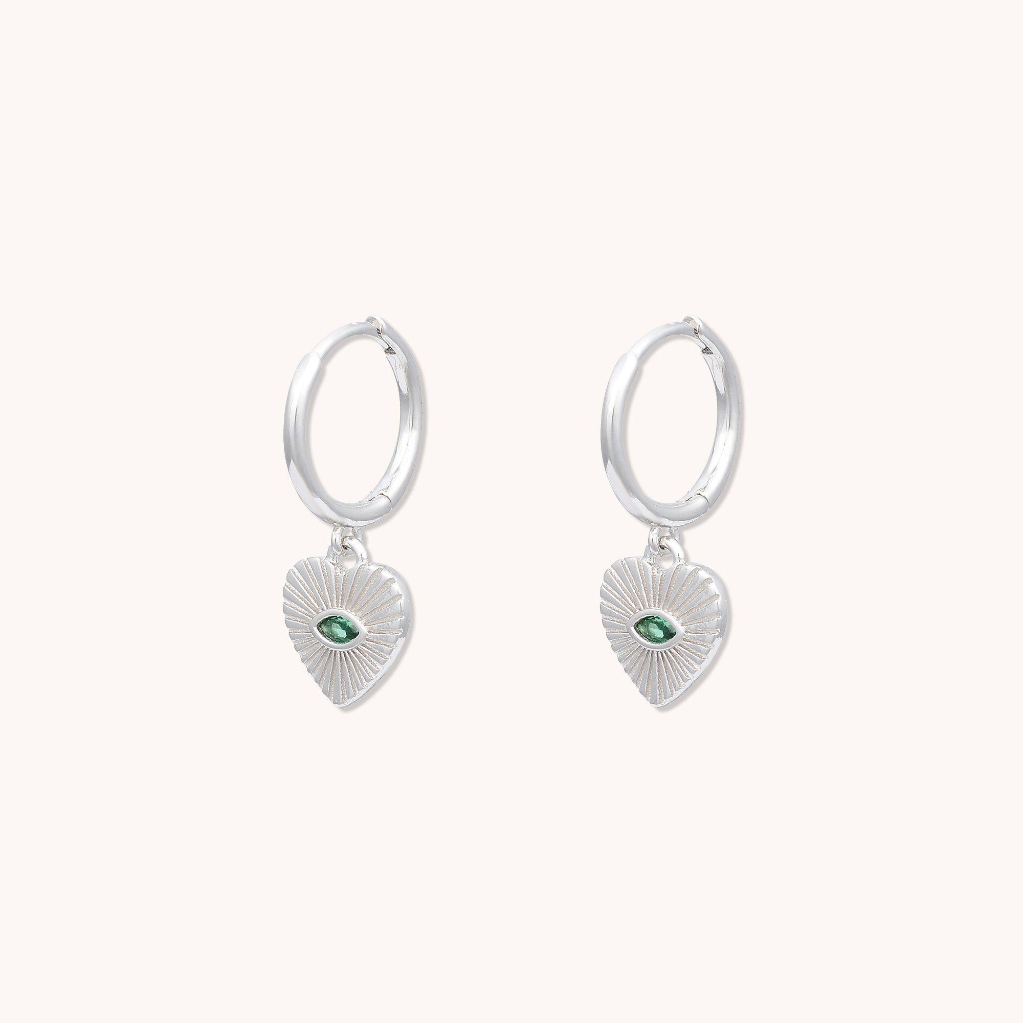 Evil Eye of Emerald Heart Huggie Earrings Silver