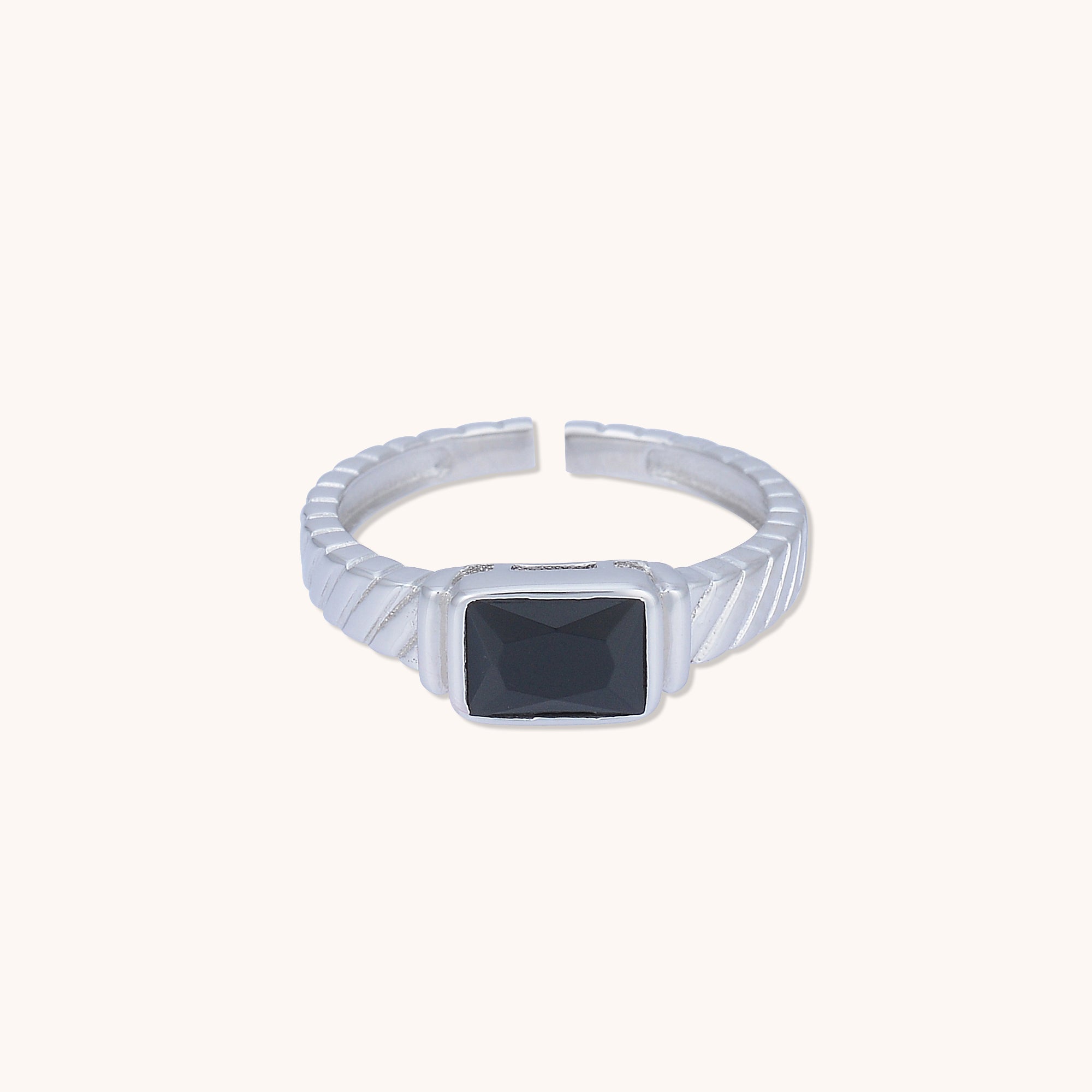Black Baguette Open Ring Silver