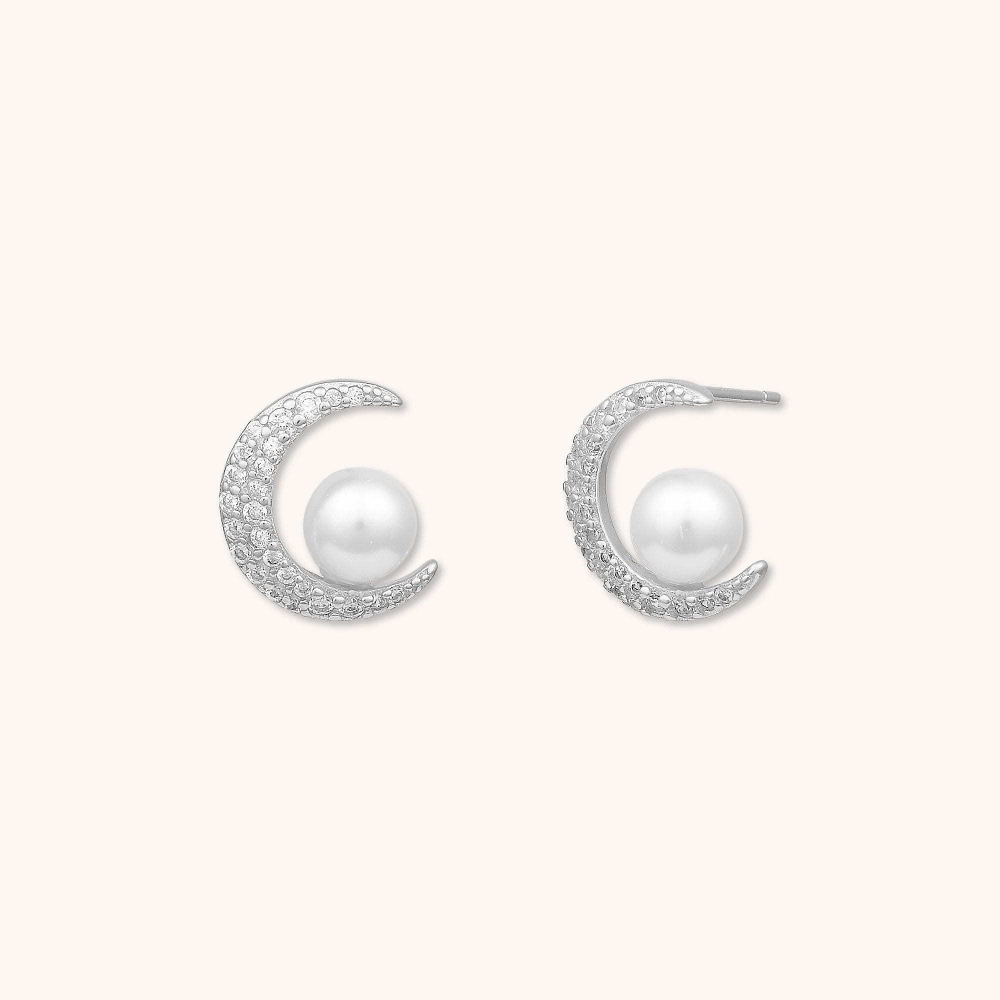 Moon Pearl Stud Earrings Silver