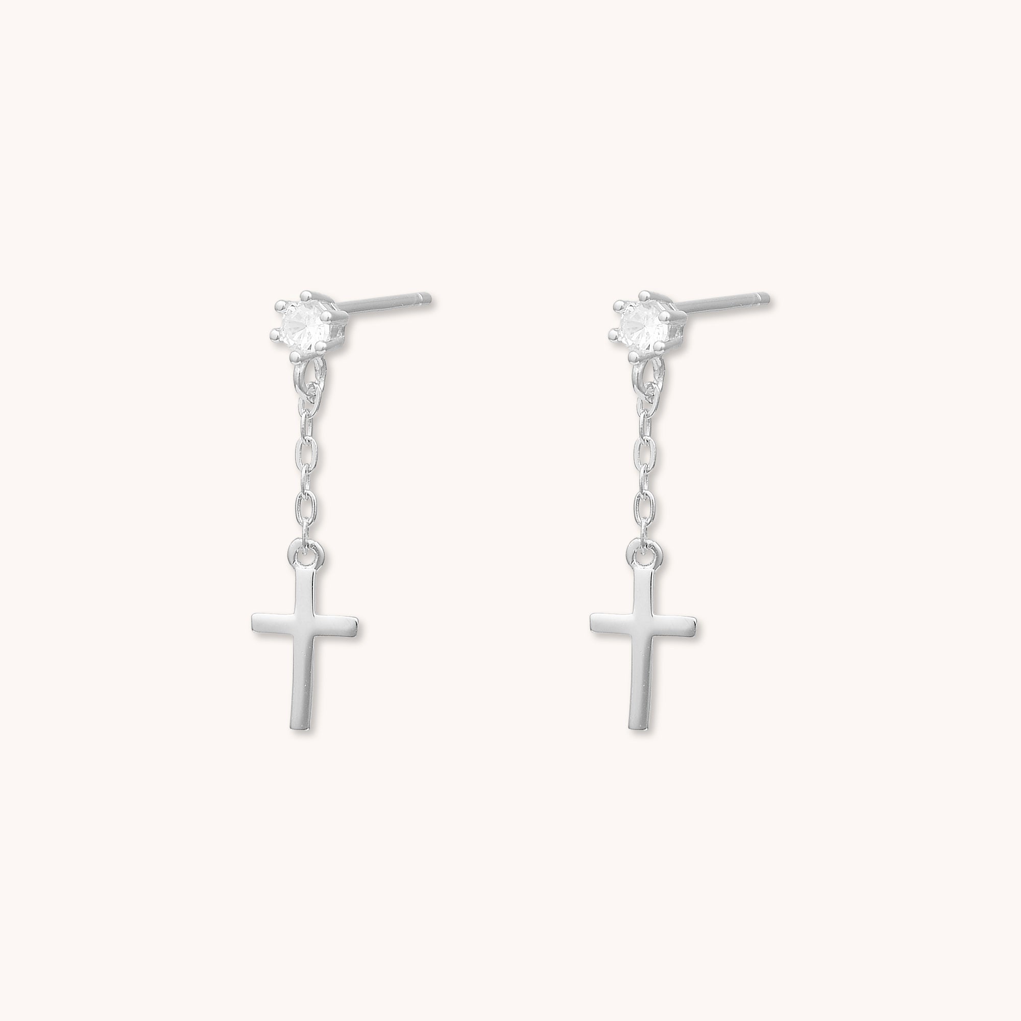 Cross Chain Drop Stud Earrings Silver