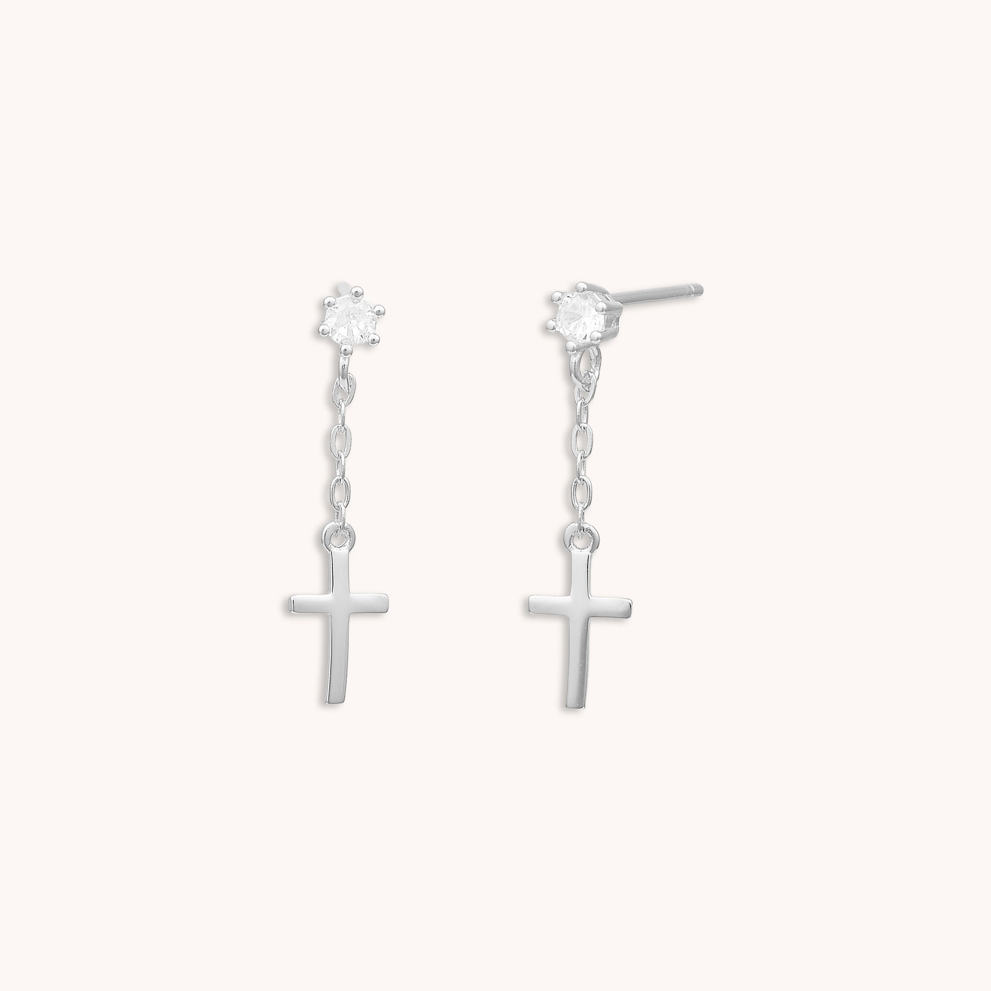 Cross Chain Drop Stud Earrings Silver