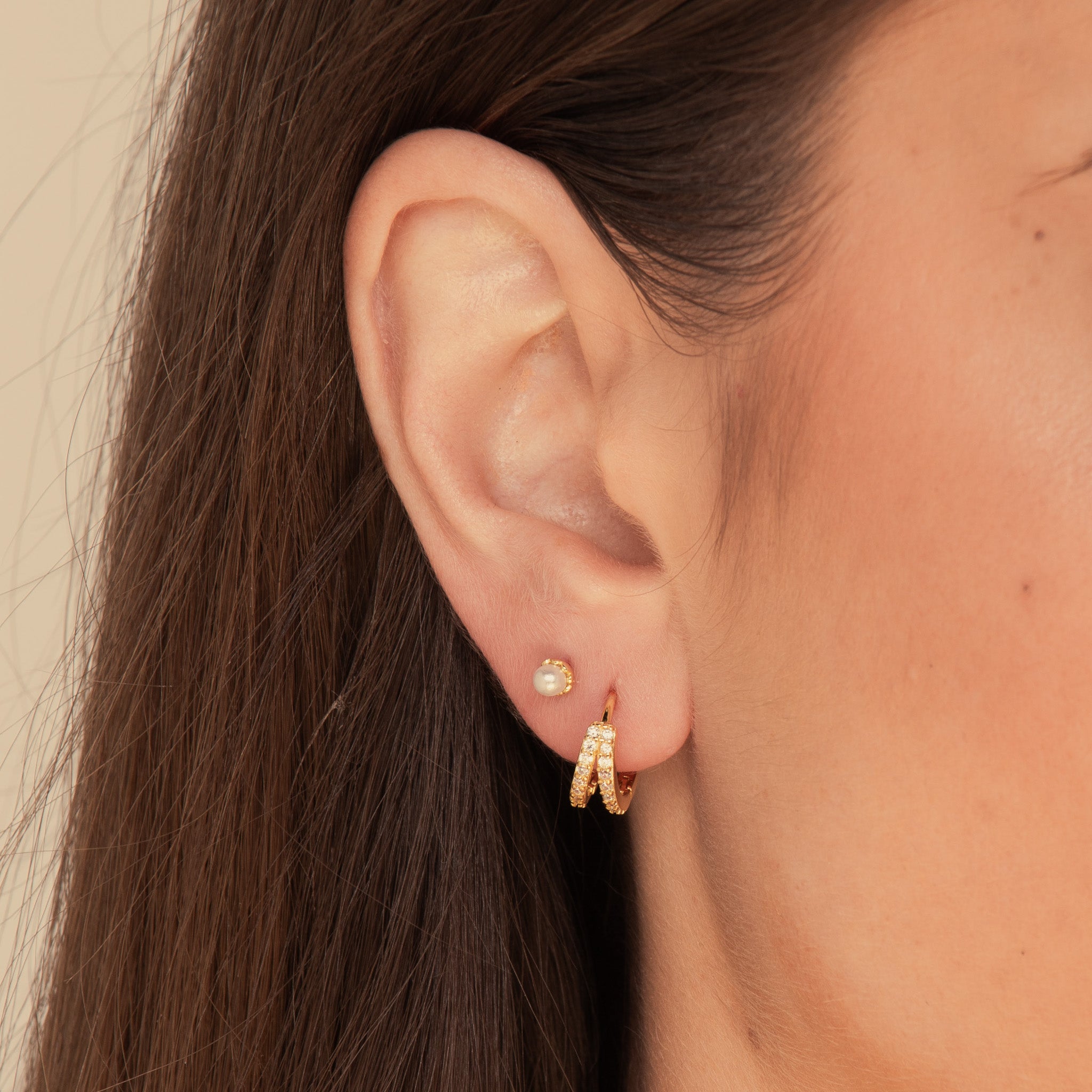 Double Zirconia Huggie Earrings Gold