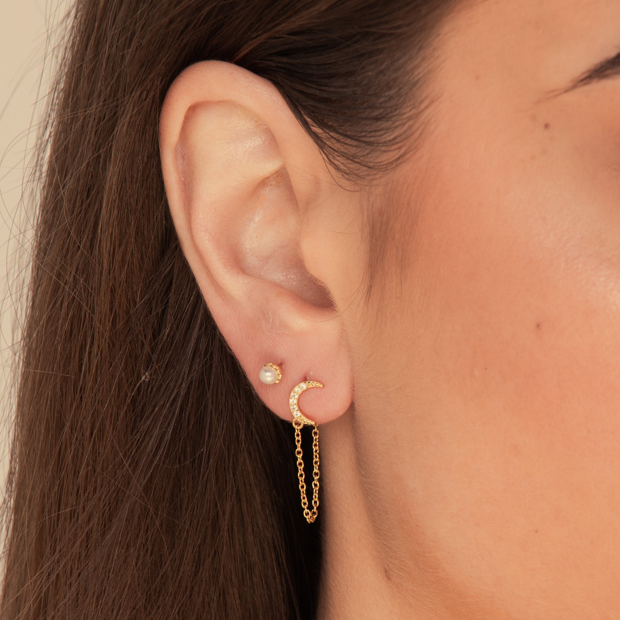 Moon Sapphire Drop Chain Stud Earrings Gold