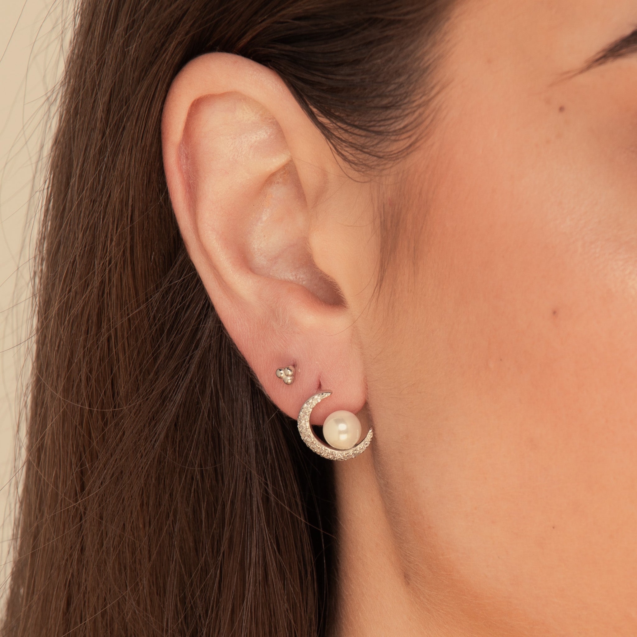 Moon Pearl Stud Earrings Silver